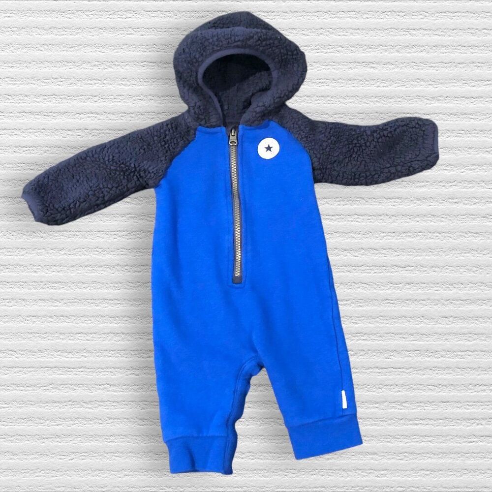 Converse 3/6m Blue Fleece One Piece Hooded Jumpsuit Romper